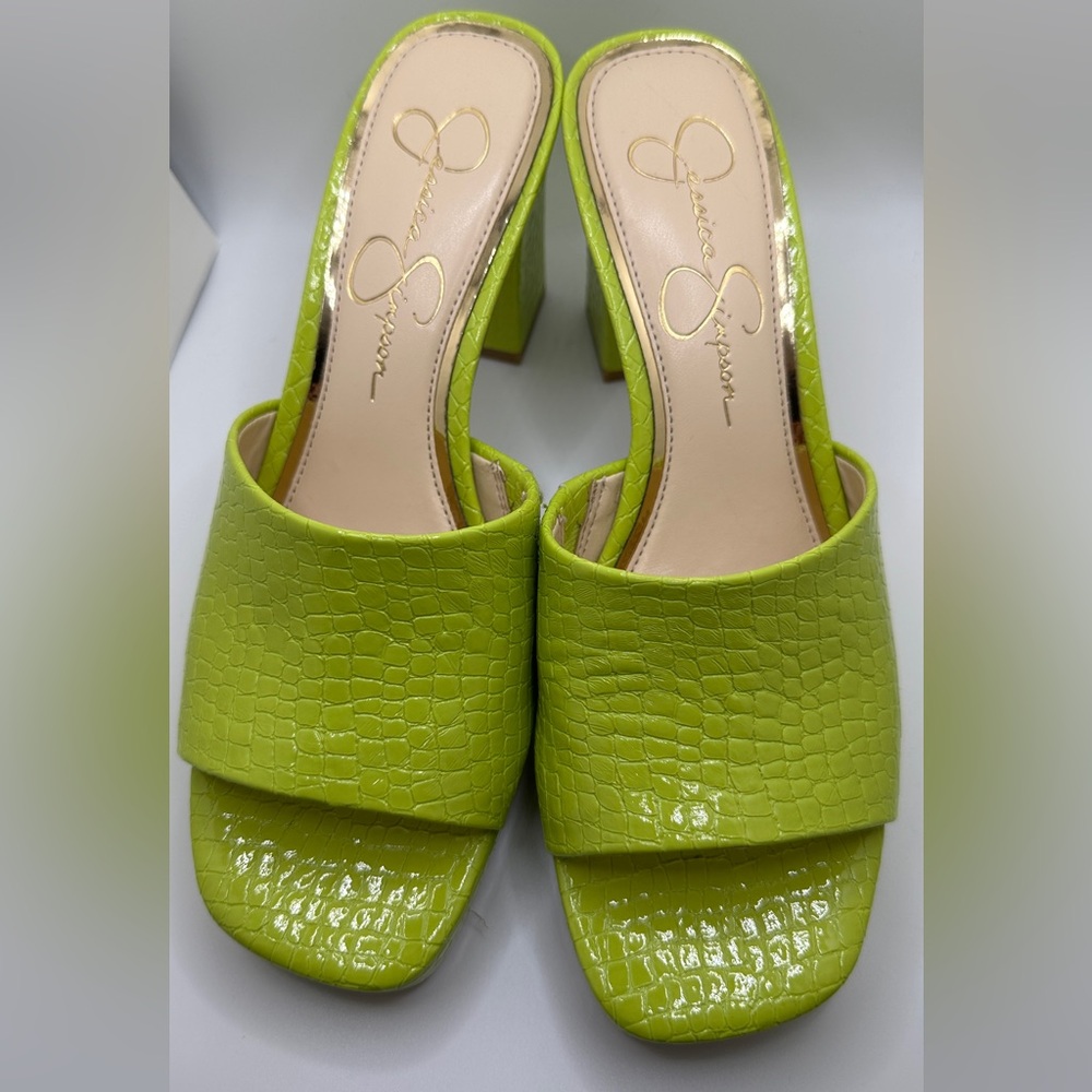 Jessica Simpson Spring Green Slip On Open Toe Heels with Luxe Texture